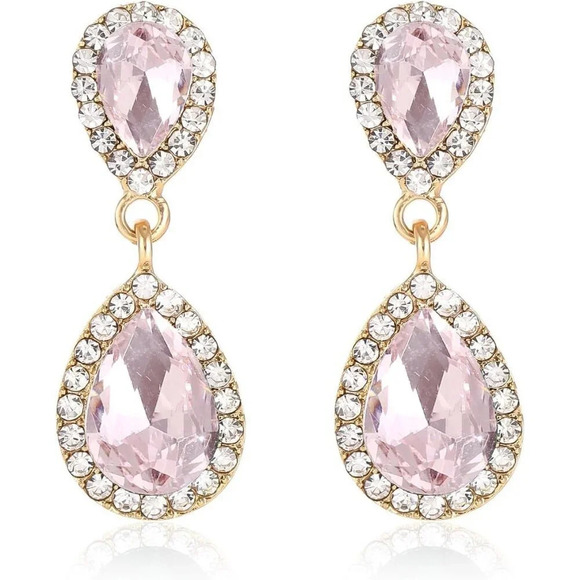 ❤️Women Pink Vintage Dangle Earrings Sparkle Crystal Bridal  Drop Formal Prom - Picture 1 of 7